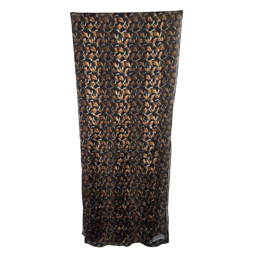 Stonehenge Scarf 100% Silk Handmade Leaf Print‎ Black Brown Womens